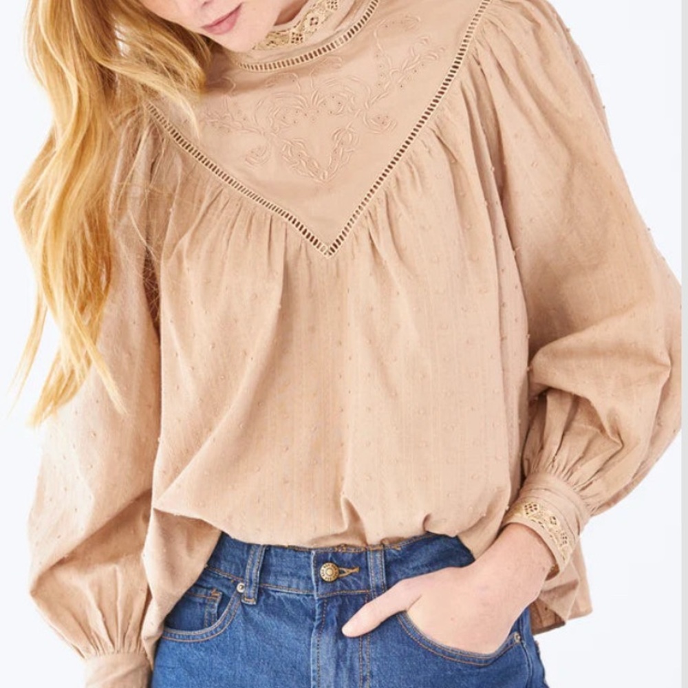 HUNTER BELL Wells Top Swiss Dot Embroidered Mock Neck Peasant Blouse Top